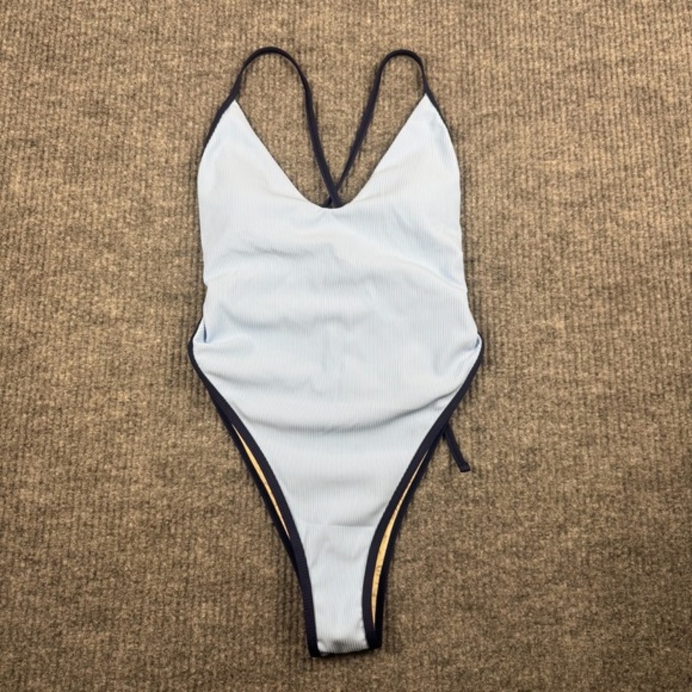 Berlook‎ One Piece Swimsuit Womens S Blue Contrast Trim Neck Strappy Tie Back